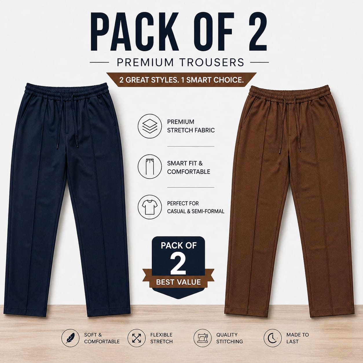 Pack of 2 Premium Baggy Trousers – (Blue,Brown)