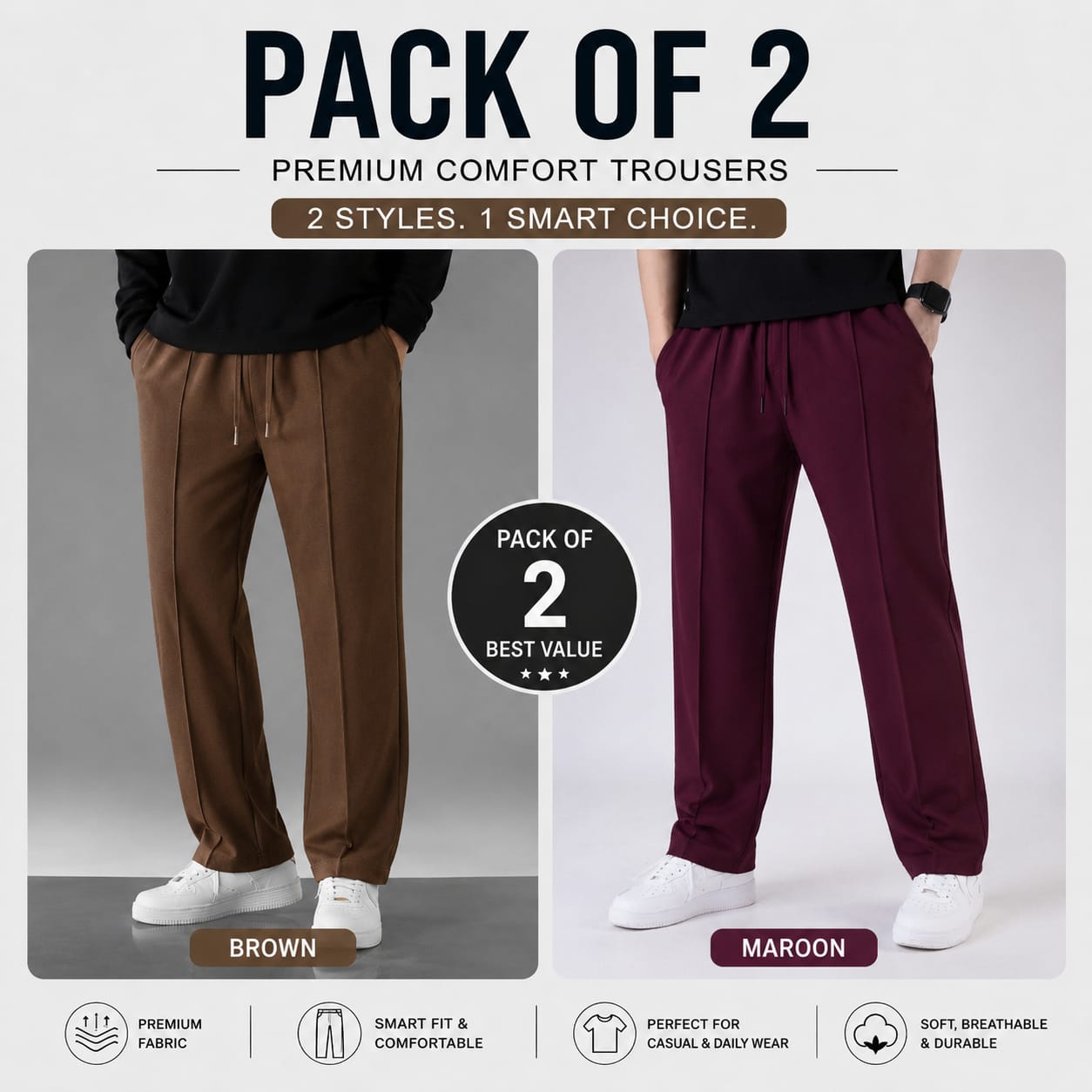 Pack of 2 Premium Baggy Trousers – (Brown,Mehroon)