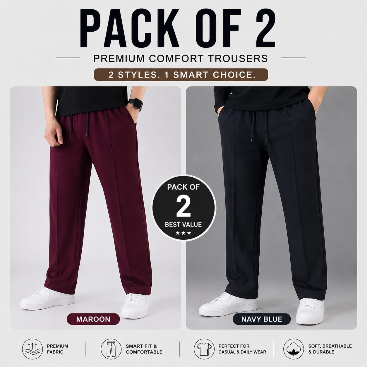 Pack of 2 Premium Baggy Trousers – (Mehroon,Black)