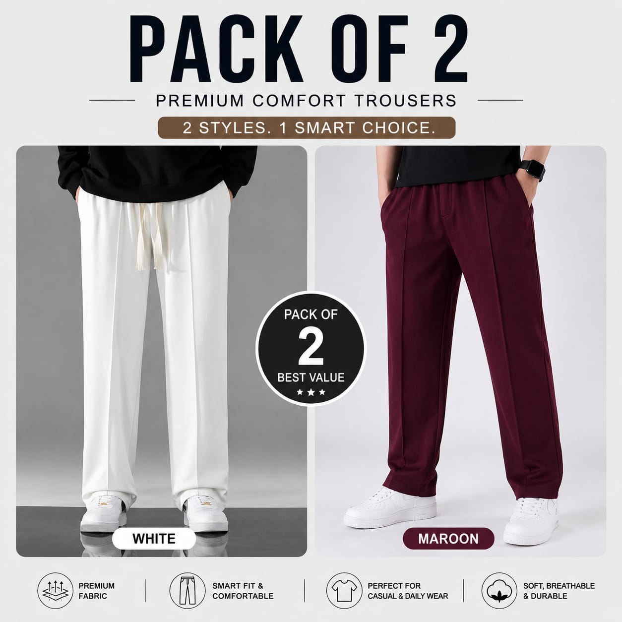 Pack of 2 Premium Baggy Trousers – (White,Mehroon)