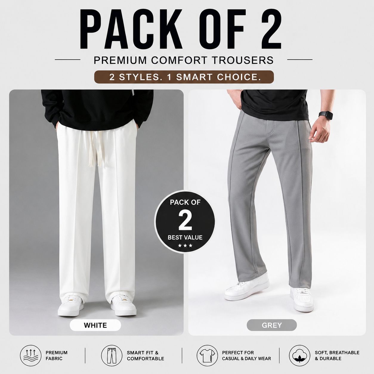 Pack of 2 Premium Baggy Trousers – (White,Grey)
