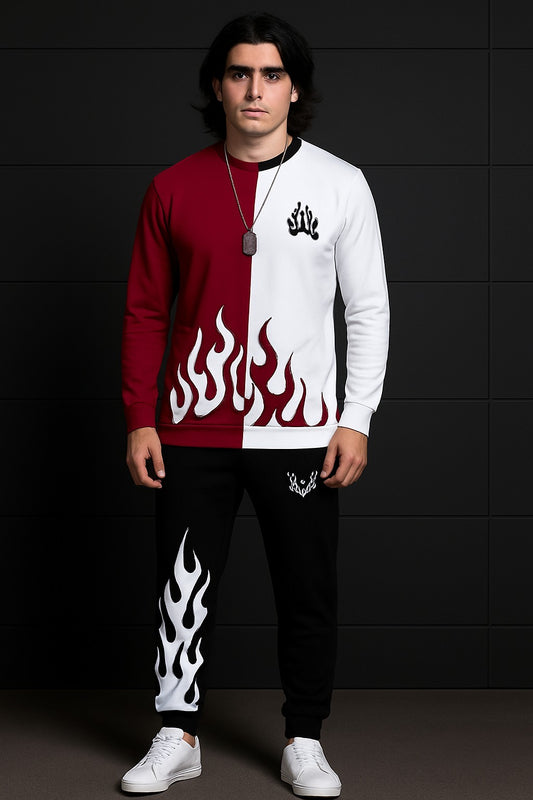 Fire Printed Maroon and White Winter Track suite