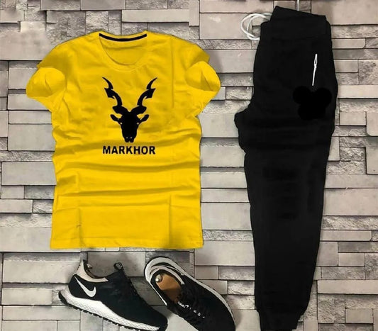 Men’s Summer Track Suit MARKHOR YELLOW SHIRT AND BLACK TROUSER – Lightweight & Breathable