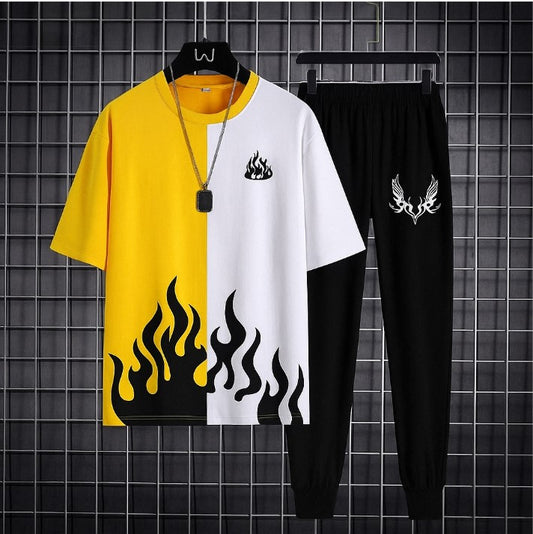 Men’s Summer Track Suit FIRE YELLOW AND WHITE ASHIRT AND BLACK TROUSER – Lightweight & Breathable