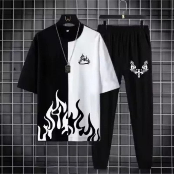Men’s Summer Track Suit FIRE WHITE AND BLACK SHIRT AND BLACK TROUSER  – Lightweight & Breathable