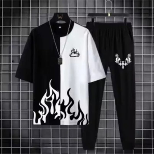Men’s Summer Track Suit FIRE WHITE AND BLACK SHIRT AND BLACK TROUSER  – Lightweight & Breathable