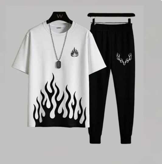 Men’s Summer Track Suit FIRE WHITE SHIRT AND BLACK TROUSER – Lightweight & Breathable