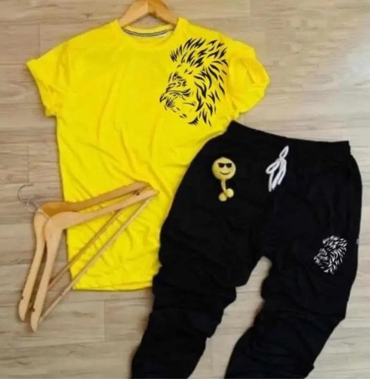 Men’s Summer Track Suit LION YELLOW SHIRT AND BLACK TROUSER – Lightweight & Breathable