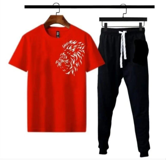 Men’s Summer Track Suit LION RED SHIRT AND BLACK TROUSER – Lightweight & Breathable