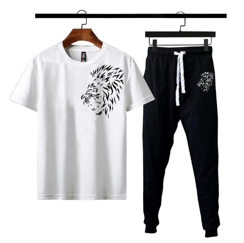 Men’s Summer Track Suit LION WHITE SHIRT AND BLACK TROUSER – Lightweight & Breathable