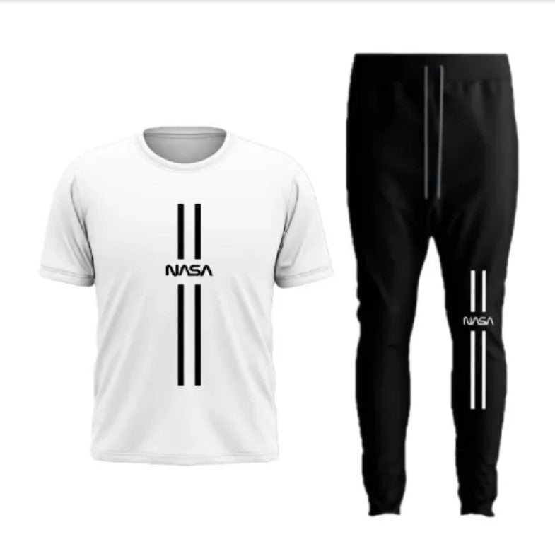 Men’s Summer Track Suit NASA WHITE SHIRT AND BLACK TROUSER – Lightweight & Breathable