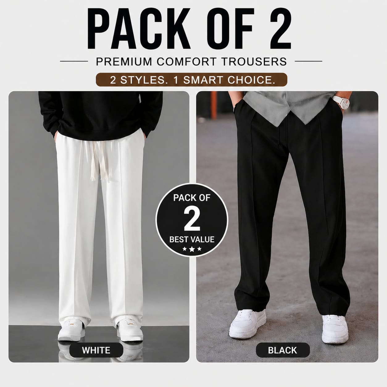 Pack of 2 Premium Baggy Trousers – (White,Black)