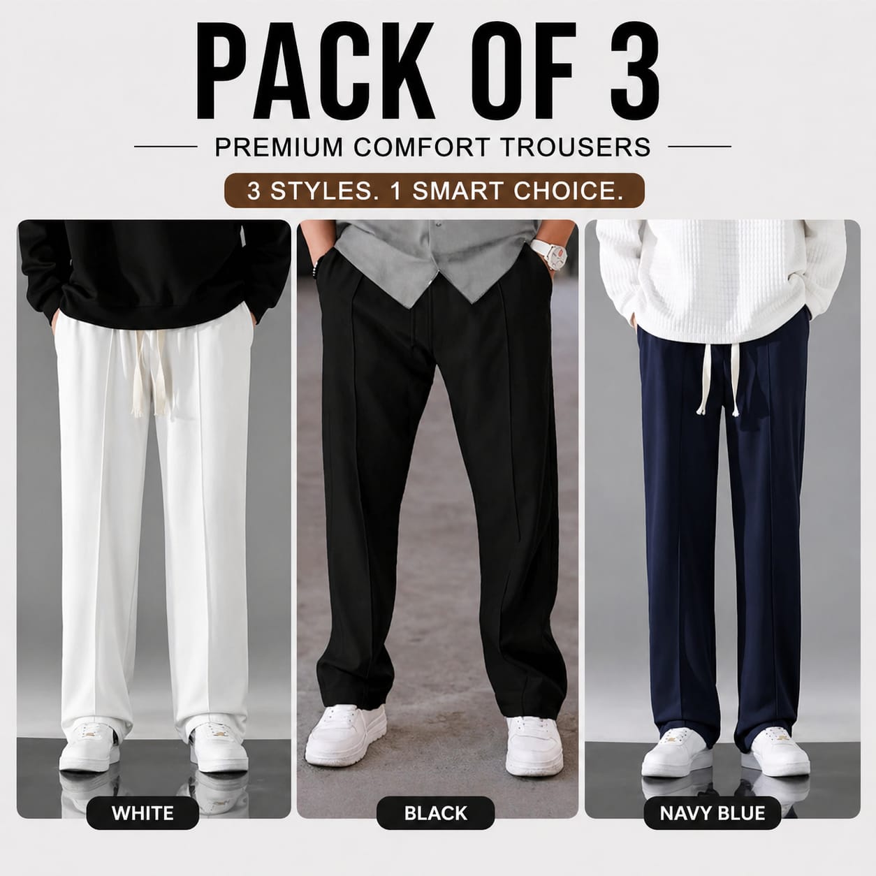 Pack of 3 Premium Baggy Trousers – (White,Black,Blue)