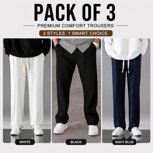 Pack of 3 Premium Baggy Trousers – (White,Black,Blue)