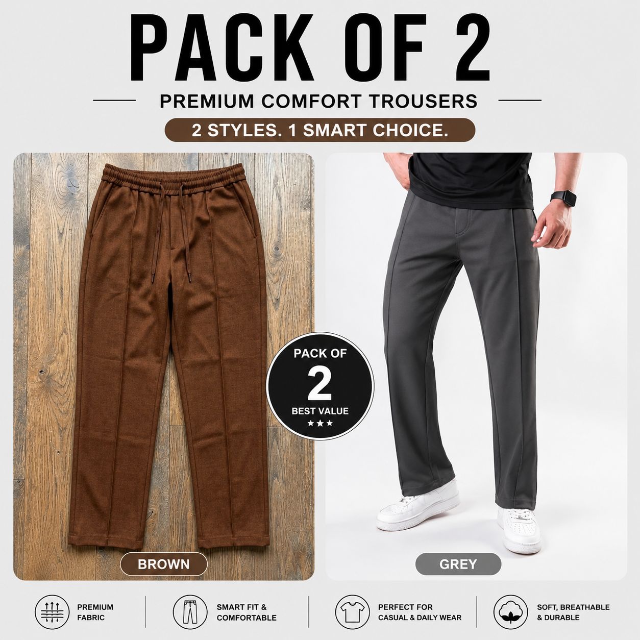 Pack of 2 Premium Baggy Trousers – (Brown,Grey)