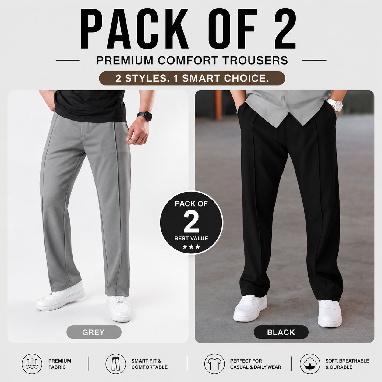 Pack of 2 Premium Baggy Trousers – (Grey,Black)