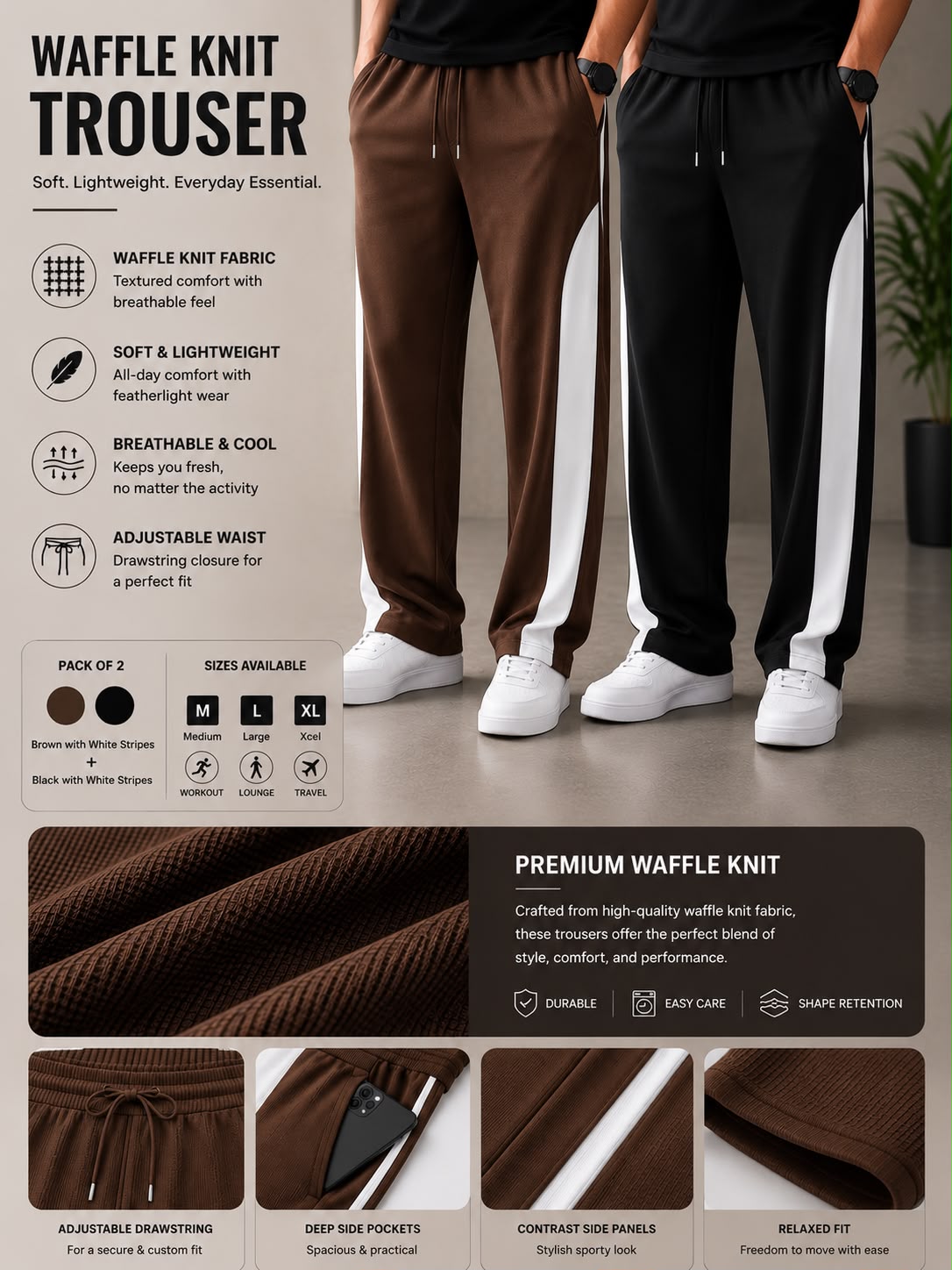 Premium Waffle Knit Men's Trousers Pack of 2(Brown+Black)White Strip