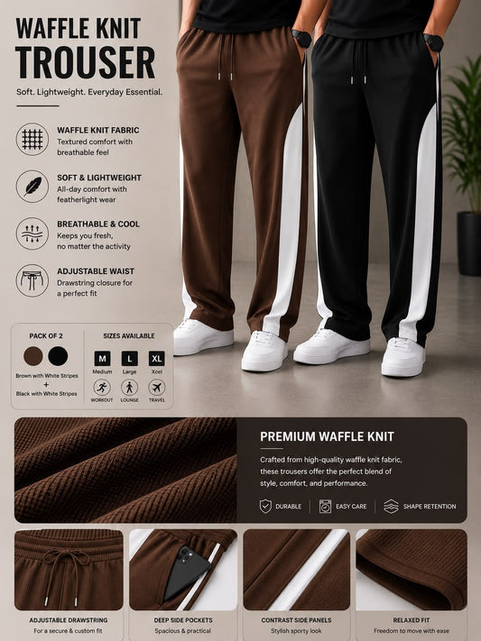 Premium Waffle Knit Men's Trousers Pack of 2(Brown+Black)White Strip