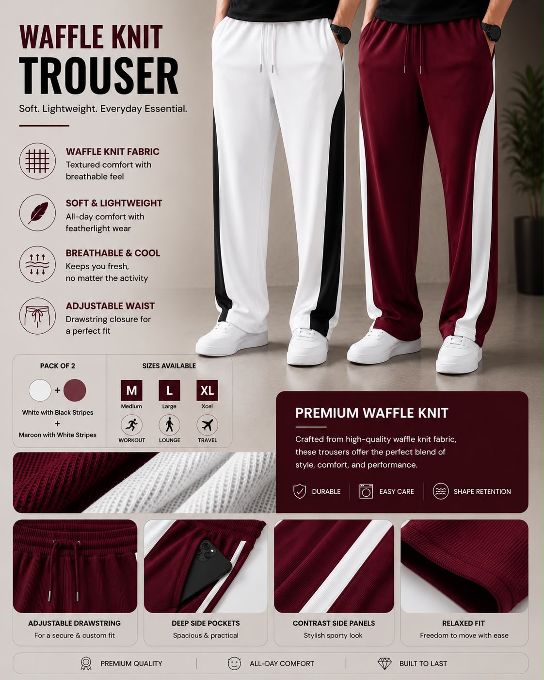 Premium Waffle Knit Men's Trousers Pack of 2(White+Maroon)White Strip