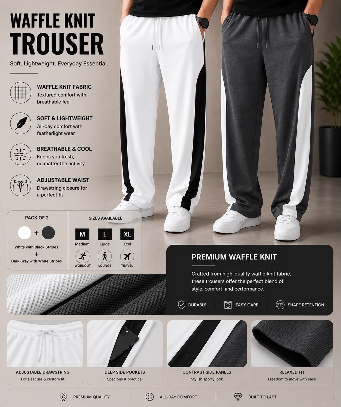 Premium Waffle Knit Men's Trousers Pack of 2(Dark Grey+White)White Strip