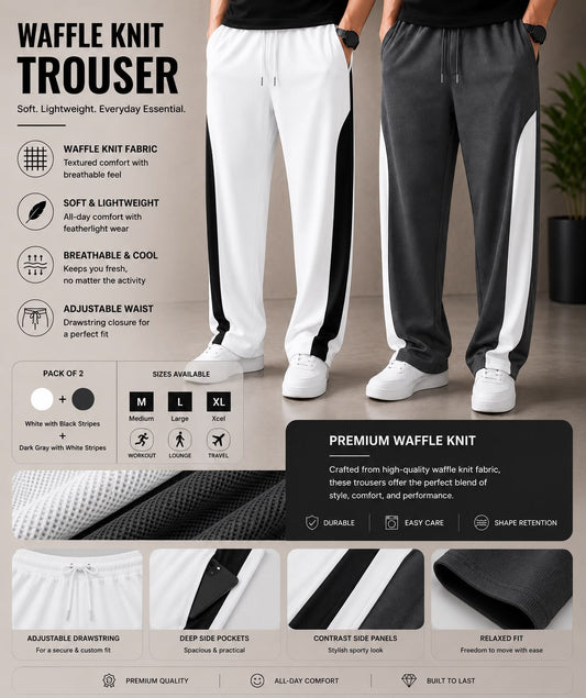 Premium Waffle Knit Men's Trousers Pack of 2(Dark Grey+White)White Strip
