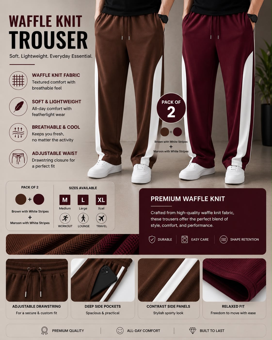 Premium Waffle Knit Men's Trousers Pack of 2(Brown+Maroon)White Strip
