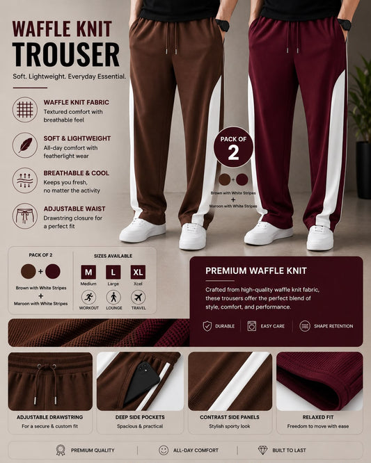 Premium Waffle Knit Men's Trousers Pack of 2(Brown+Maroon)White Strip