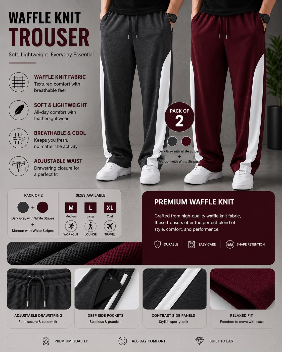 Premium Waffle Knit Men's Trousers Pack of 2(Dark Grey+Maroon)White Strip