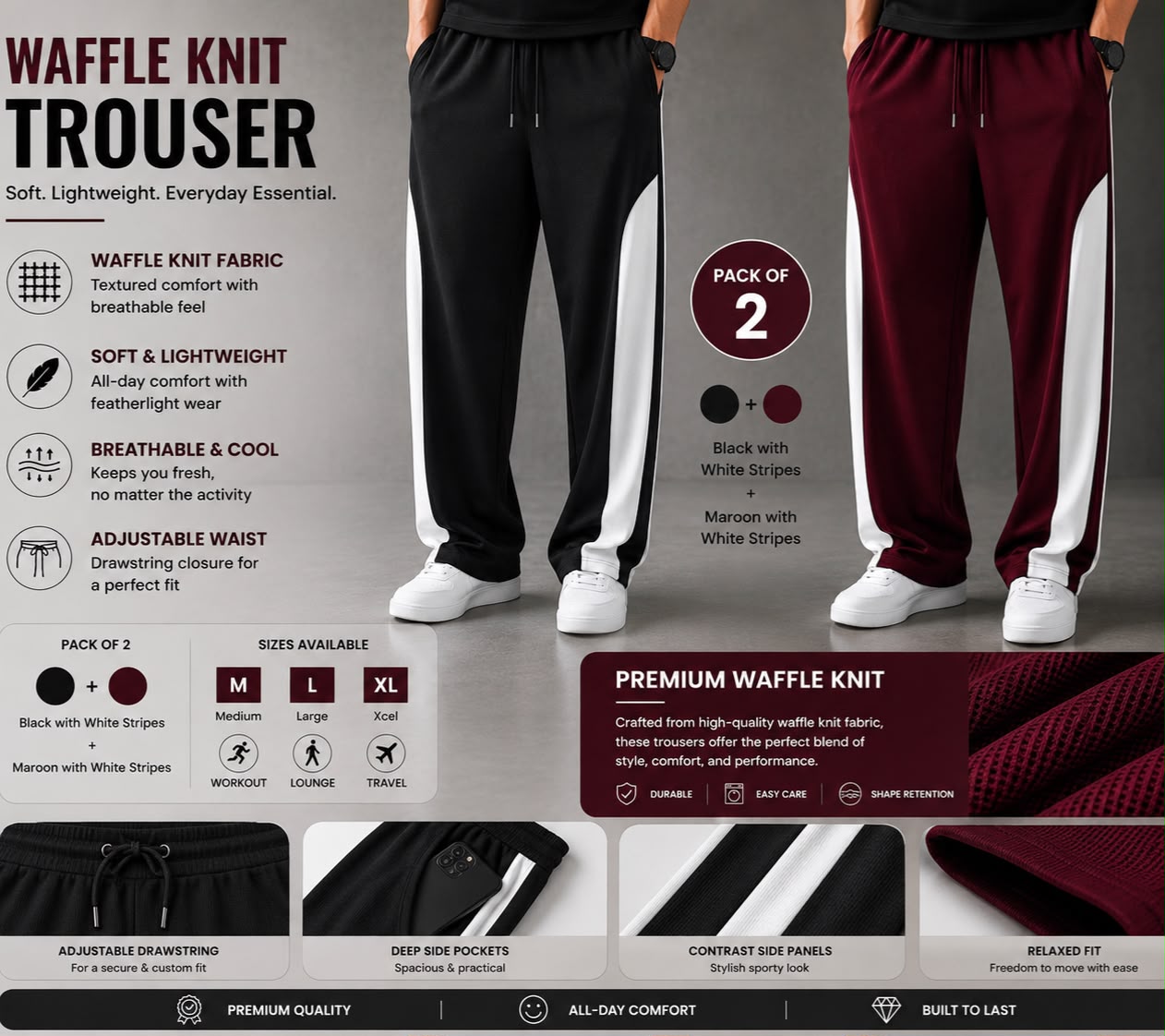 Premium Waffle Knit Men's Trousers Pack of 2(Black+Maroon)White Strip