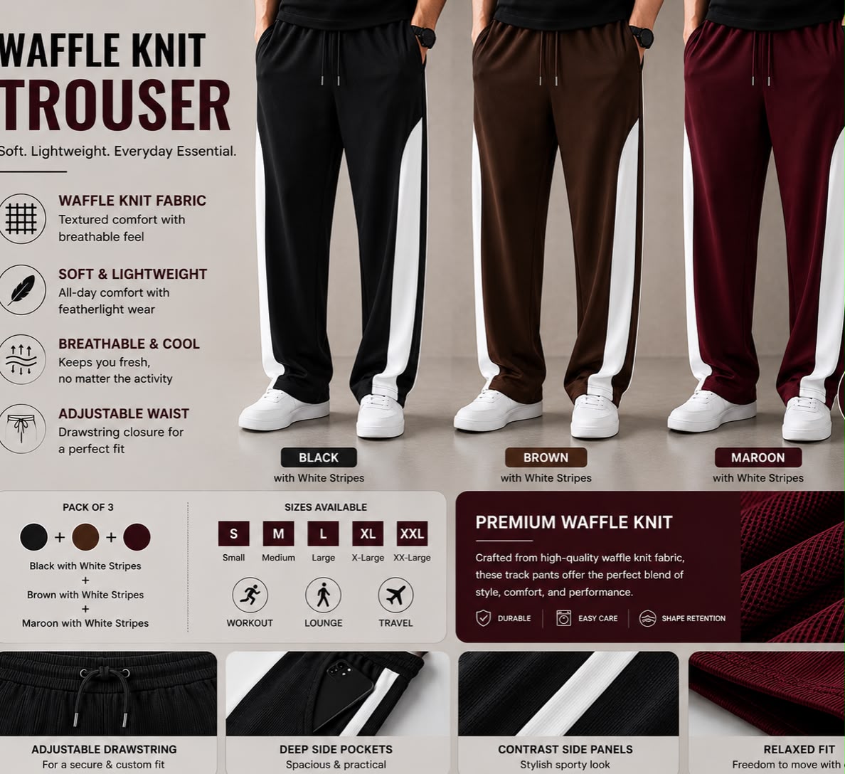 Premium Waffle Knit Men's Trousers Pack of 3(Black+Brown+Maroon)White Strip