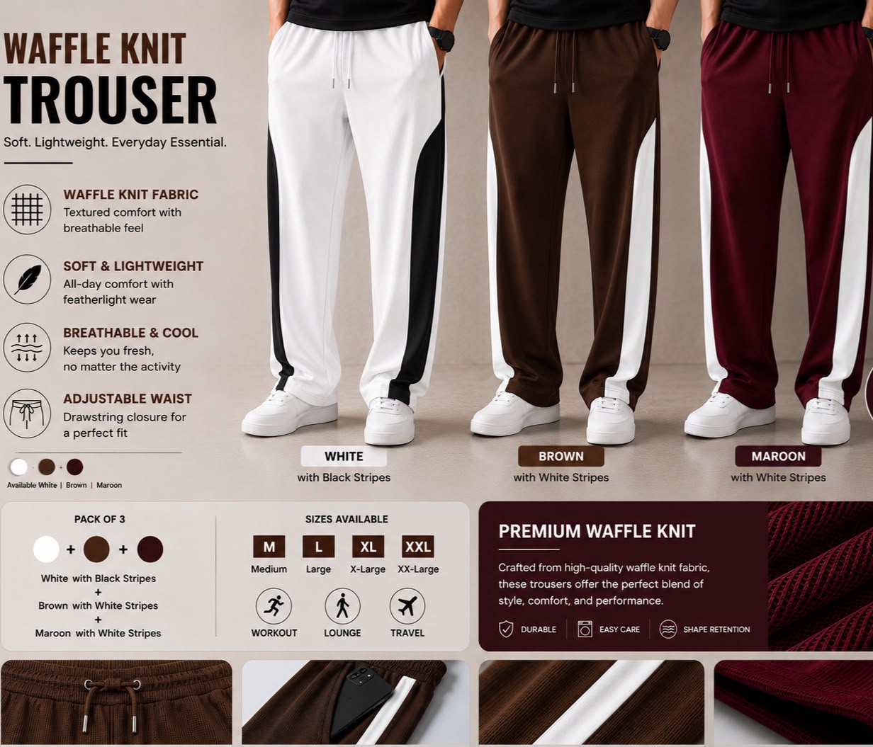 Premium Waffle Knit Men's Trousers Pack of 3(white+Brown+Maroon)White Strip