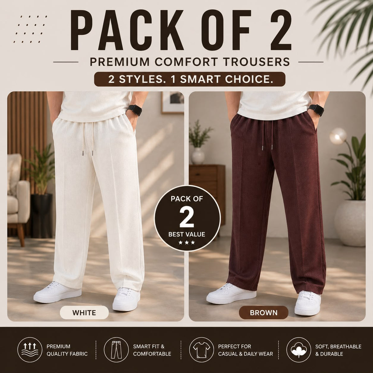 Pack of 2 Premium Baggy Trousers – (White,Brown)