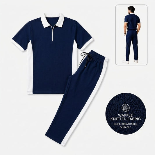 Men's Waffle Knit Co-Ord Set – Polo T-Shirt & Trouser(Blue)