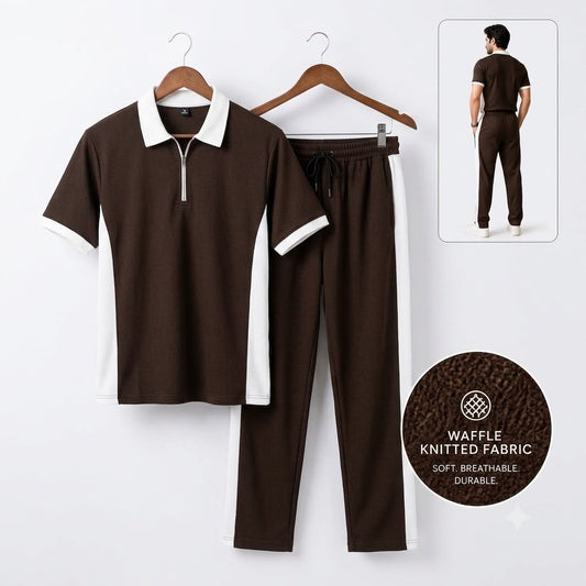 Men's Waffle Knit Co-Ord Set – Polo T-Shirt & Trouser(Brown)