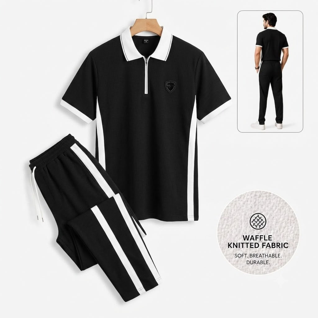 Men's Waffle Knit Co-Ord Set – Polo T-Shirt & Trouser(Black)
