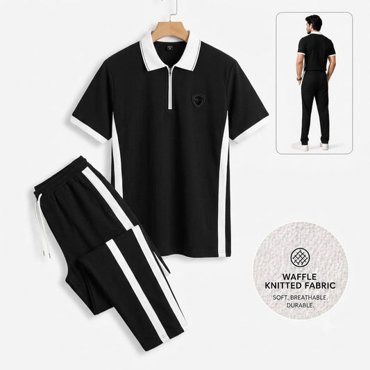 Men's Waffle Knit Co-Ord Set – Polo T-Shirt & Trouser(Black)