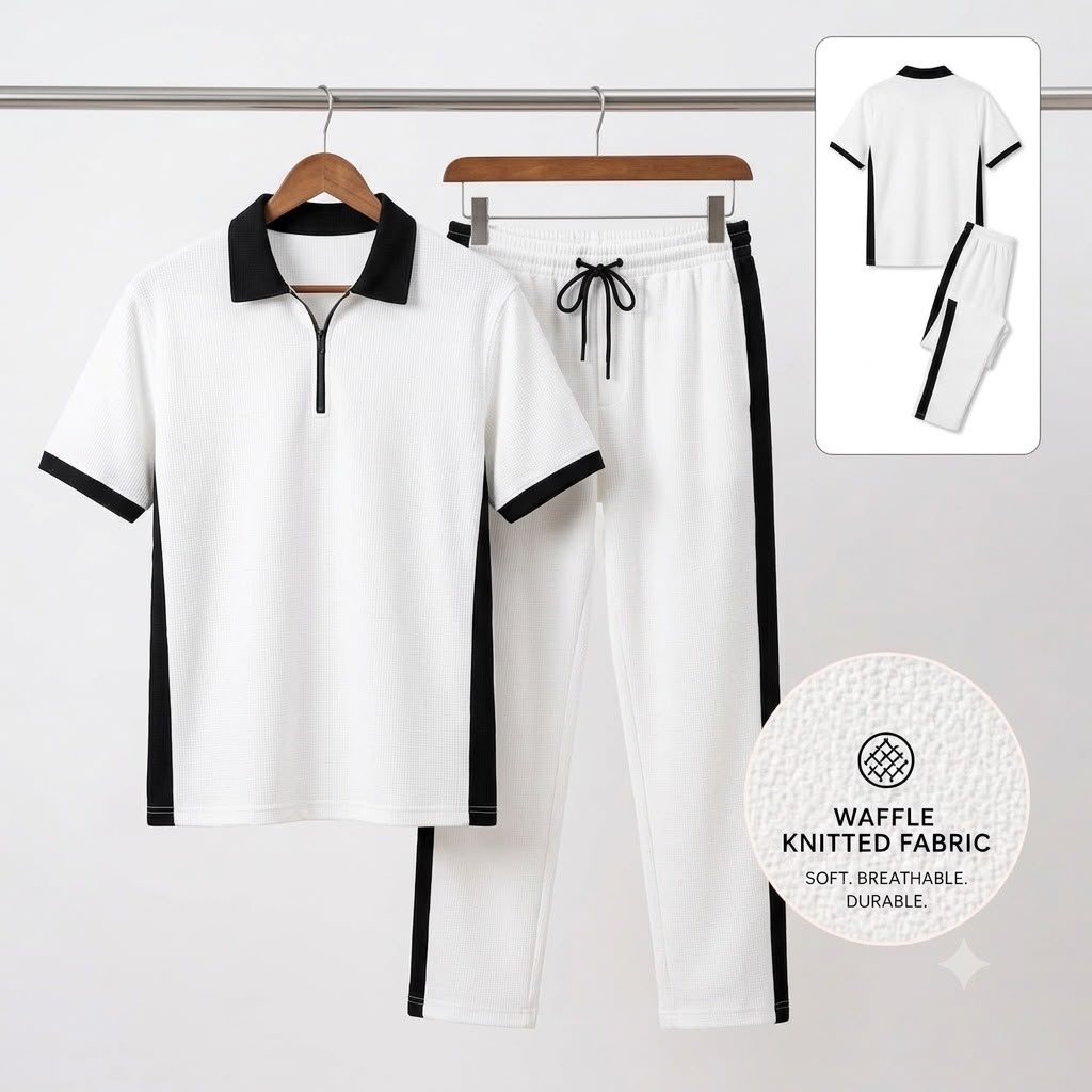 Men's Waffle Knit Co-Ord Set – Polo T-Shirt & Trouser(White)