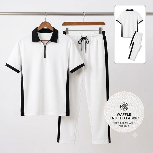 Men's Waffle Knit Co-Ord Set – Polo T-Shirt & Trouser(White)