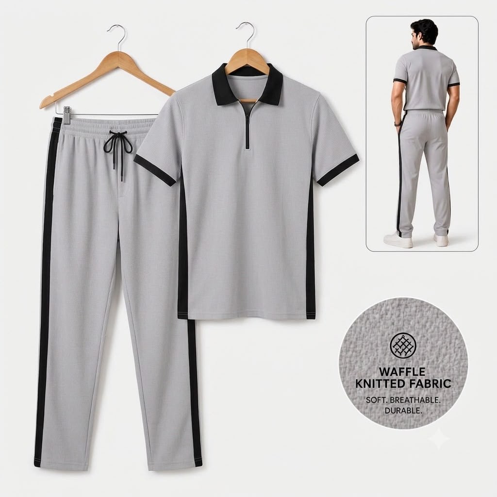 Men's Waffle Knit Co-Ord Set – Polo T-Shirt & Trouser(Grey)