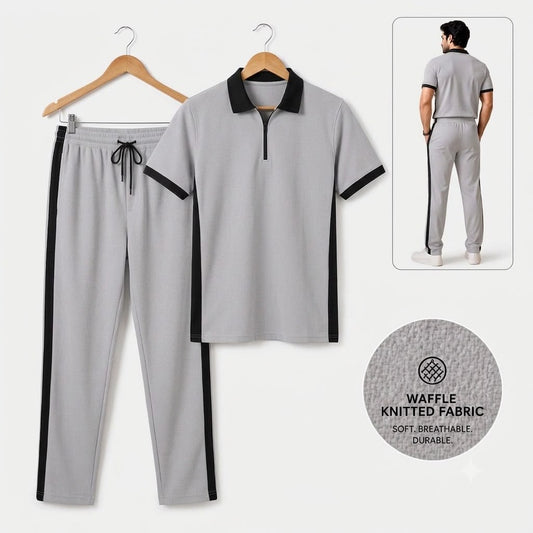 Men's Waffle Knit Co-Ord Set – Polo T-Shirt & Trouser(Grey)